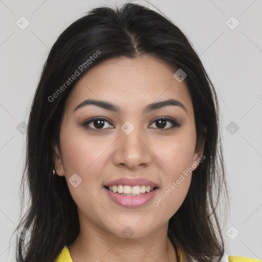 Joyful white young-adult female with long  brown hair and brown eyes