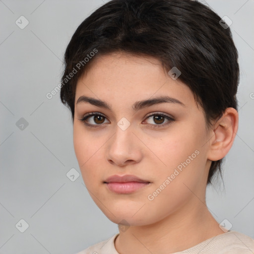 Neutral white young-adult female with short  brown hair and brown eyes