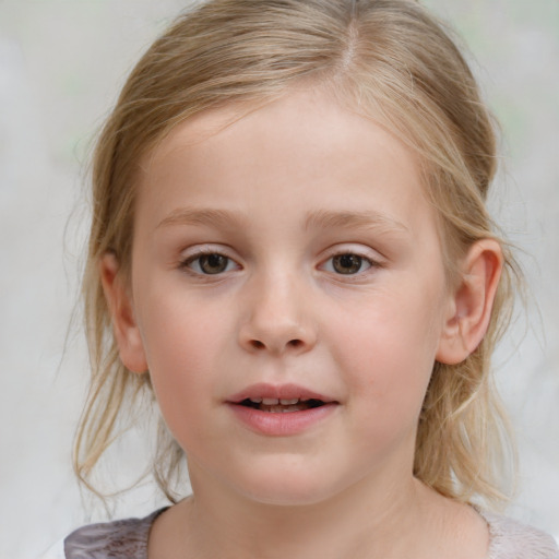 Joyful white child female with medium  brown hair and blue eyes