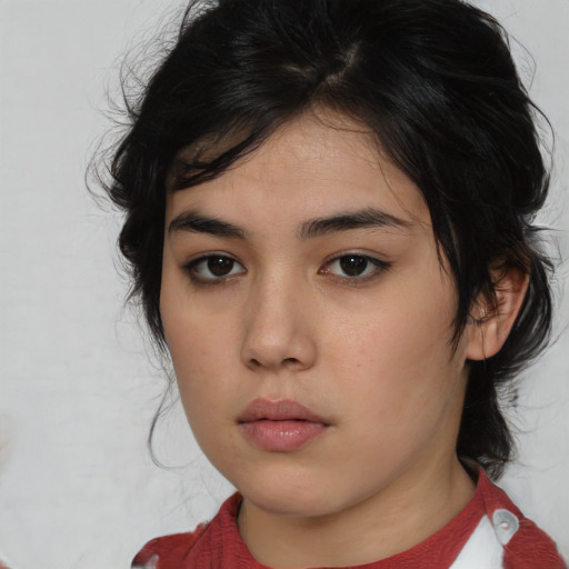 Neutral asian young-adult female with medium  brown hair and brown eyes