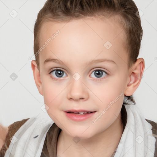 Joyful white child female with short  brown hair and brown eyes