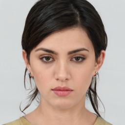 Neutral white young-adult female with medium  brown hair and brown eyes