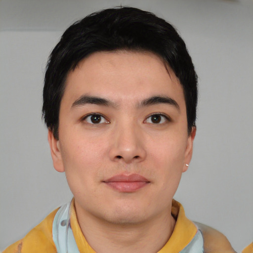 Neutral asian young-adult male with short  black hair and brown eyes