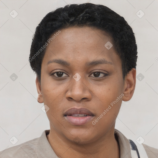 Neutral black young-adult female with short  black hair and brown eyes