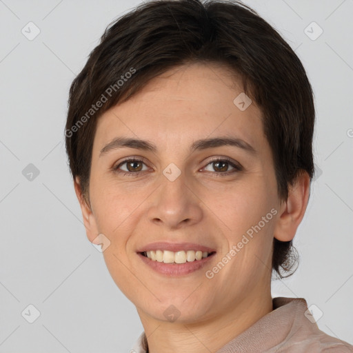 Joyful white young-adult female with short  brown hair and brown eyes