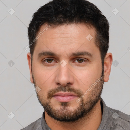 Neutral white young-adult male with short  brown hair and brown eyes