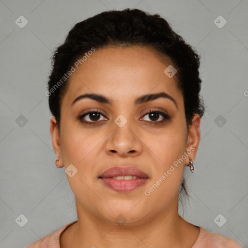 Joyful latino young-adult female with short  brown hair and brown eyes