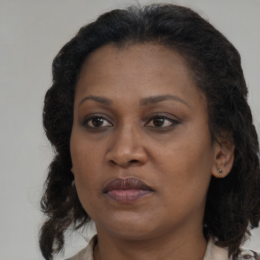 Joyful black adult female with medium  brown hair and brown eyes