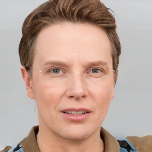 Joyful white adult male with short  brown hair and grey eyes