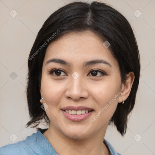 Joyful asian young-adult female with medium  black hair and brown eyes