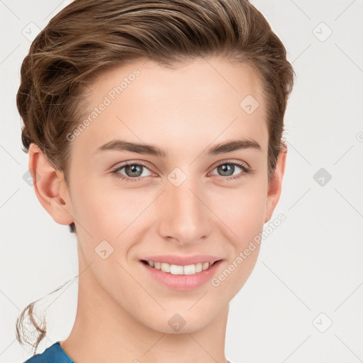 Joyful white young-adult female with short  brown hair and grey eyes