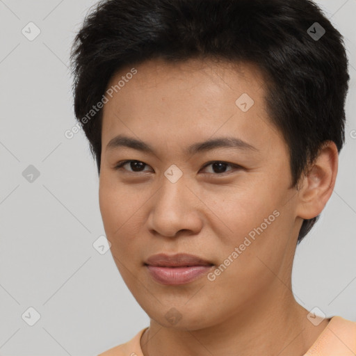 Joyful asian young-adult female with short  brown hair and brown eyes