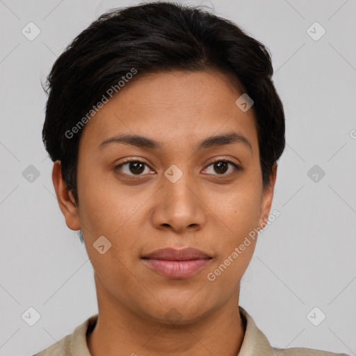 Joyful latino young-adult female with short  brown hair and brown eyes