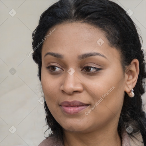 Joyful latino young-adult female with long  brown hair and brown eyes