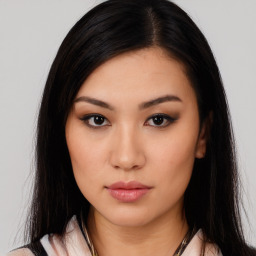 Neutral asian young-adult female with long  black hair and brown eyes