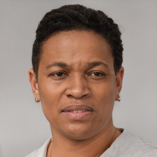 Joyful latino adult female with short  black hair and brown eyes