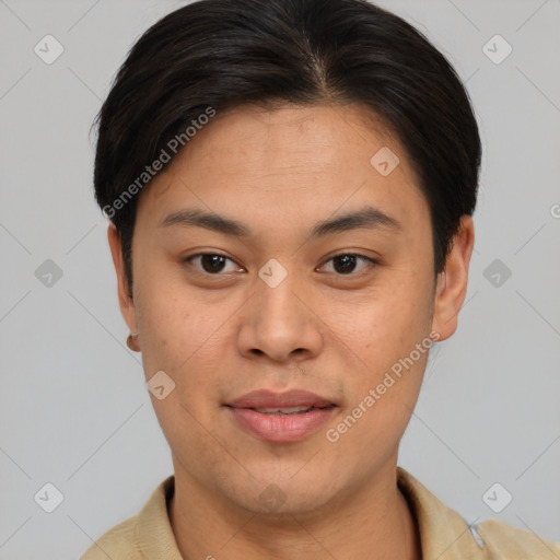 Joyful asian young-adult female with short  brown hair and brown eyes