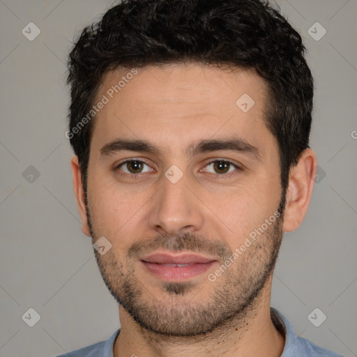 Joyful white young-adult male with short  black hair and brown eyes