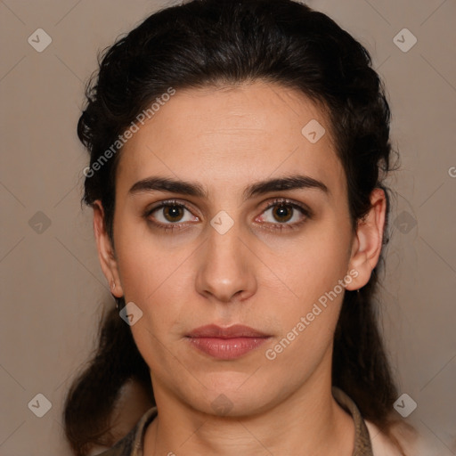 Neutral white young-adult female with medium  brown hair and brown eyes