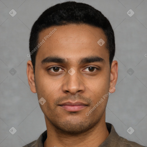Neutral latino young-adult male with short  black hair and brown eyes