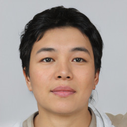 Neutral asian young-adult male with short  black hair and brown eyes