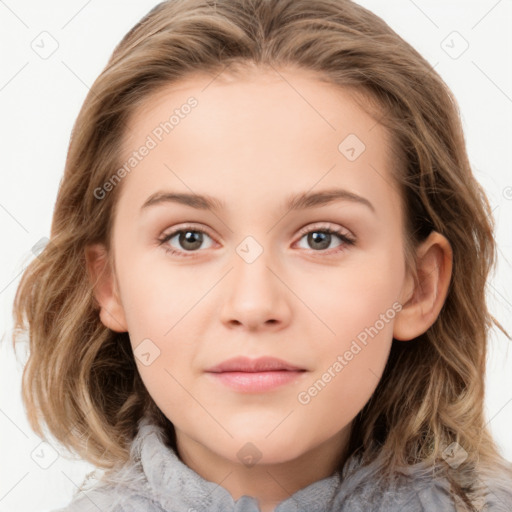 Joyful white child female with medium  brown hair and brown eyes