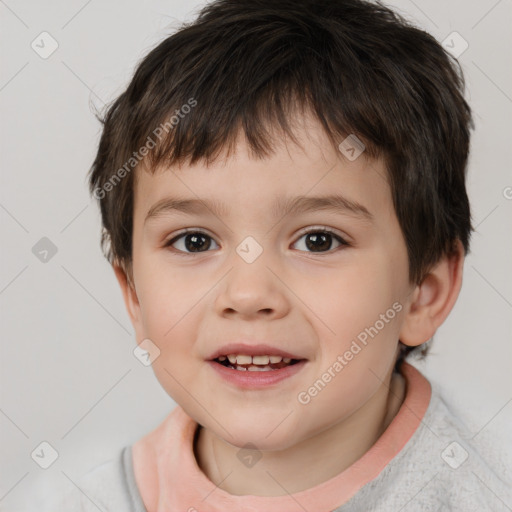 Joyful white child male with short  brown hair and brown eyes