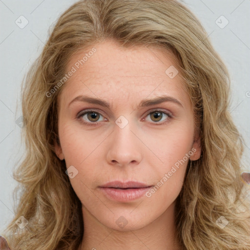 Neutral white young-adult female with long  brown hair and green eyes