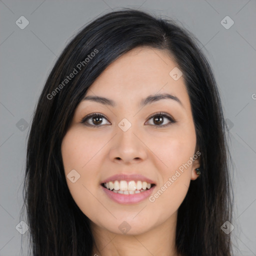 Joyful asian young-adult female with long  brown hair and brown eyes