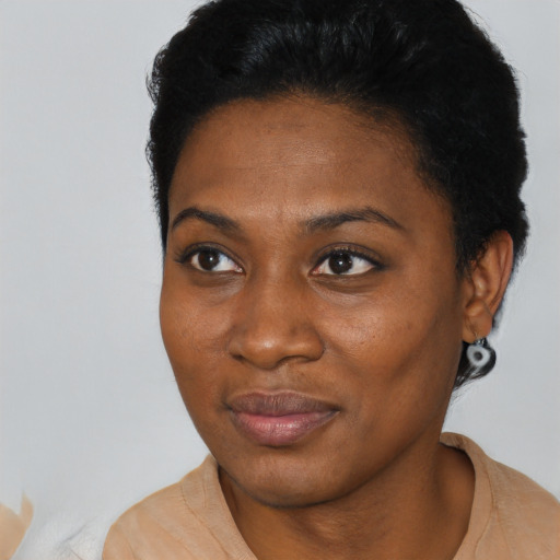 Joyful black young-adult female with short  black hair and brown eyes