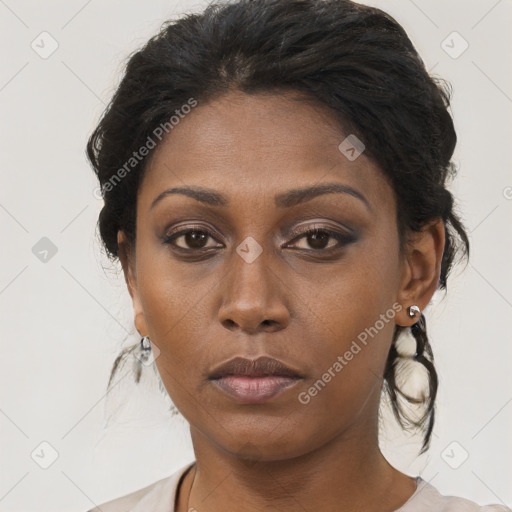 Neutral black young-adult female with medium  brown hair and brown eyes