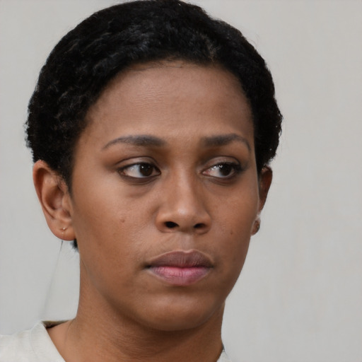 Neutral black young-adult female with short  brown hair and brown eyes