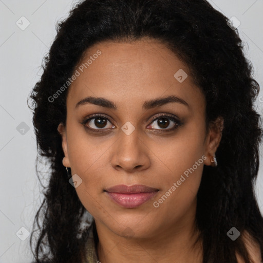 Joyful latino young-adult female with long  brown hair and brown eyes