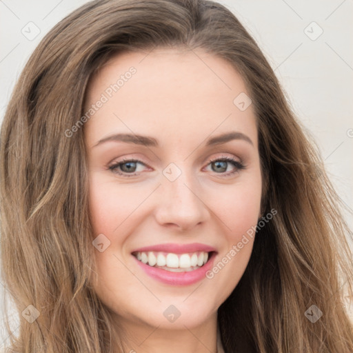 Joyful white young-adult female with long  brown hair and green eyes