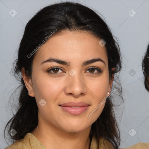 Joyful latino young-adult female with medium  brown hair and brown eyes