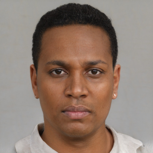 Neutral black young-adult male with short  black hair and brown eyes