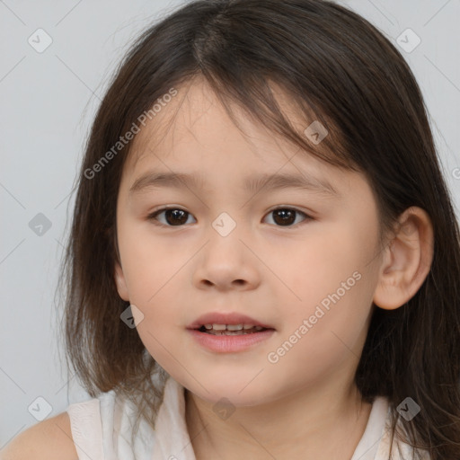 Joyful white child female with medium  brown hair and brown eyes