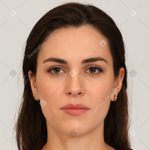 Neutral white young-adult female with long  brown hair and brown eyes