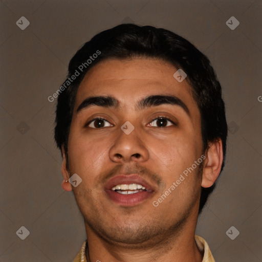 Joyful asian young-adult male with short  black hair and brown eyes