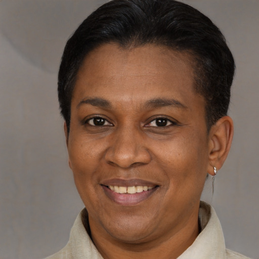 Joyful latino adult female with short  brown hair and brown eyes