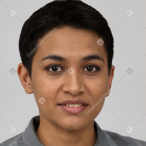 Joyful latino young-adult female with short  black hair and brown eyes