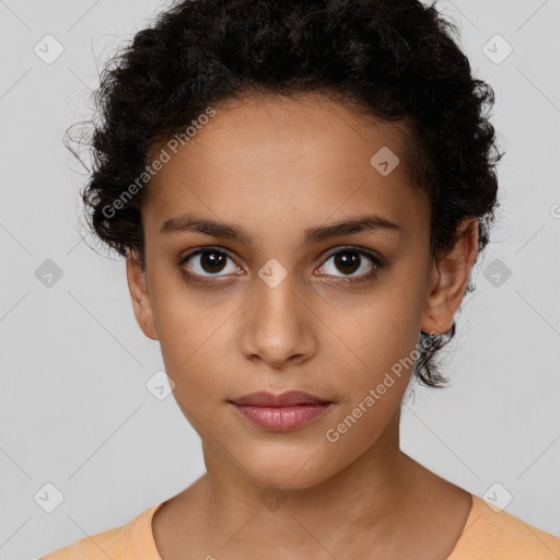 Neutral white young-adult female with short  brown hair and brown eyes