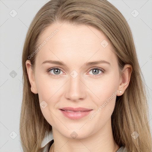 Joyful white young-adult female with long  brown hair and grey eyes