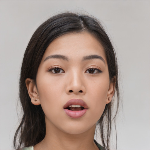 Neutral asian young-adult female with long  brown hair and brown eyes