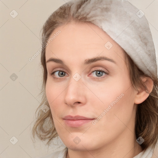 Neutral white young-adult female with medium  brown hair and grey eyes