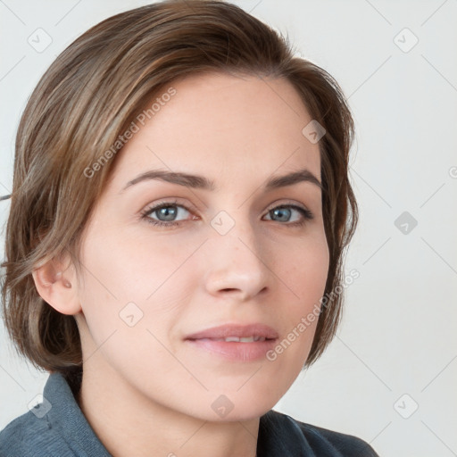 Neutral white young-adult female with medium  brown hair and grey eyes