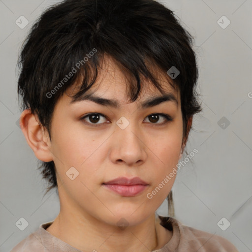 Neutral white young-adult female with medium  brown hair and brown eyes