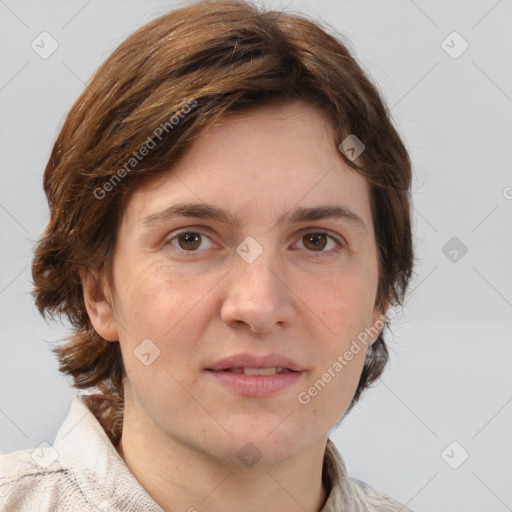 Joyful white adult female with medium  brown hair and grey eyes