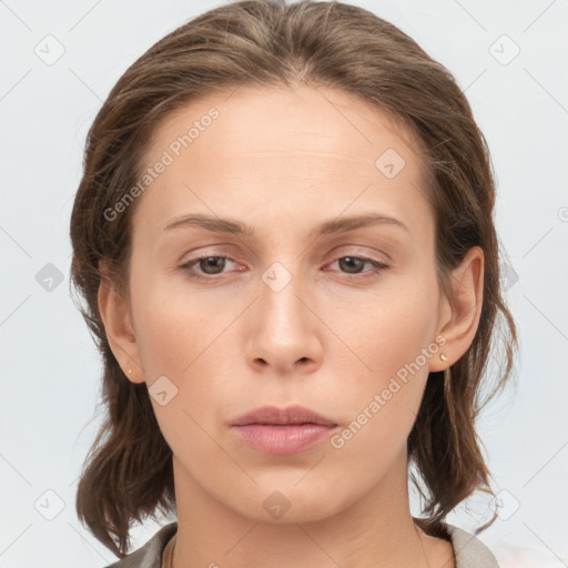 Neutral white young-adult female with medium  brown hair and grey eyes