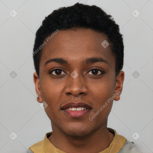 Neutral black young-adult female with short  black hair and brown eyes